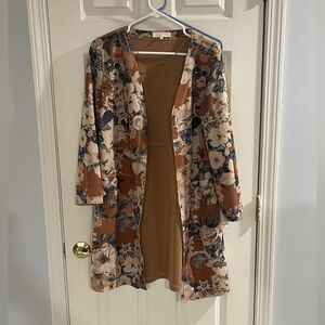 Solitaire Womens Brown Blue Floral‎ Oversized Faux Suede Cardigan With Pockets M